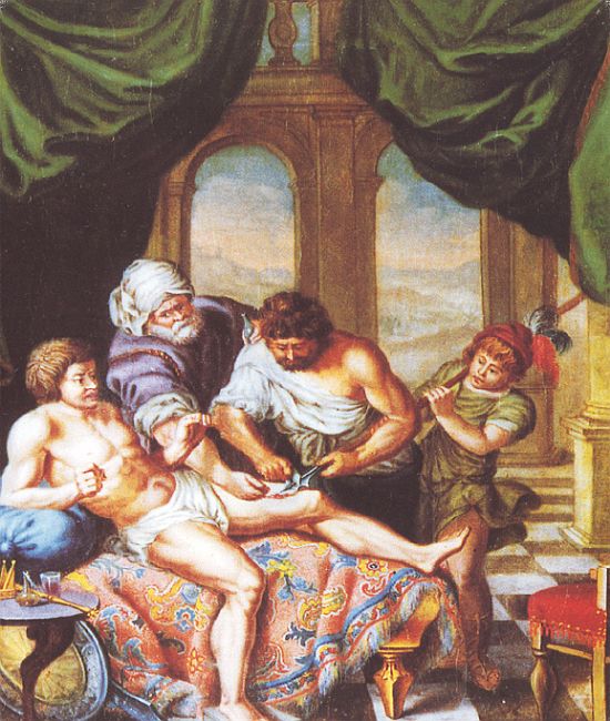 Flamand mester műve: Lándzsás sebkezelés (XVIII. század)