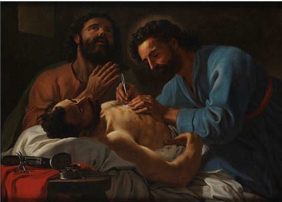 Antoine de Favray (1706-1798) festménye: Szent Kozma és Szent Damján mellkasi sérülést kezel