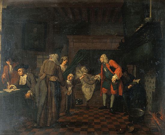 Enteriőr egy orvossal, aki egy beteg embert kezel más alakok jelenlétében
